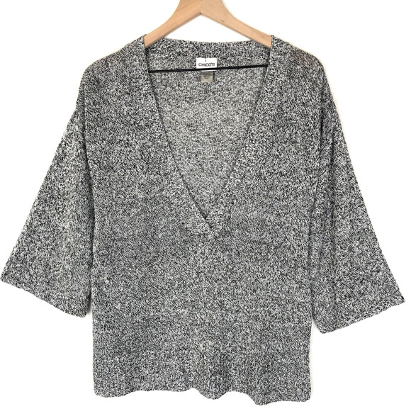 CHICOS 100% Linen Knit Sweater Sz‎ 1 M Gray 3/4 Sleeve Boxy Deep V-Neck Popover - Picture 1 of 9